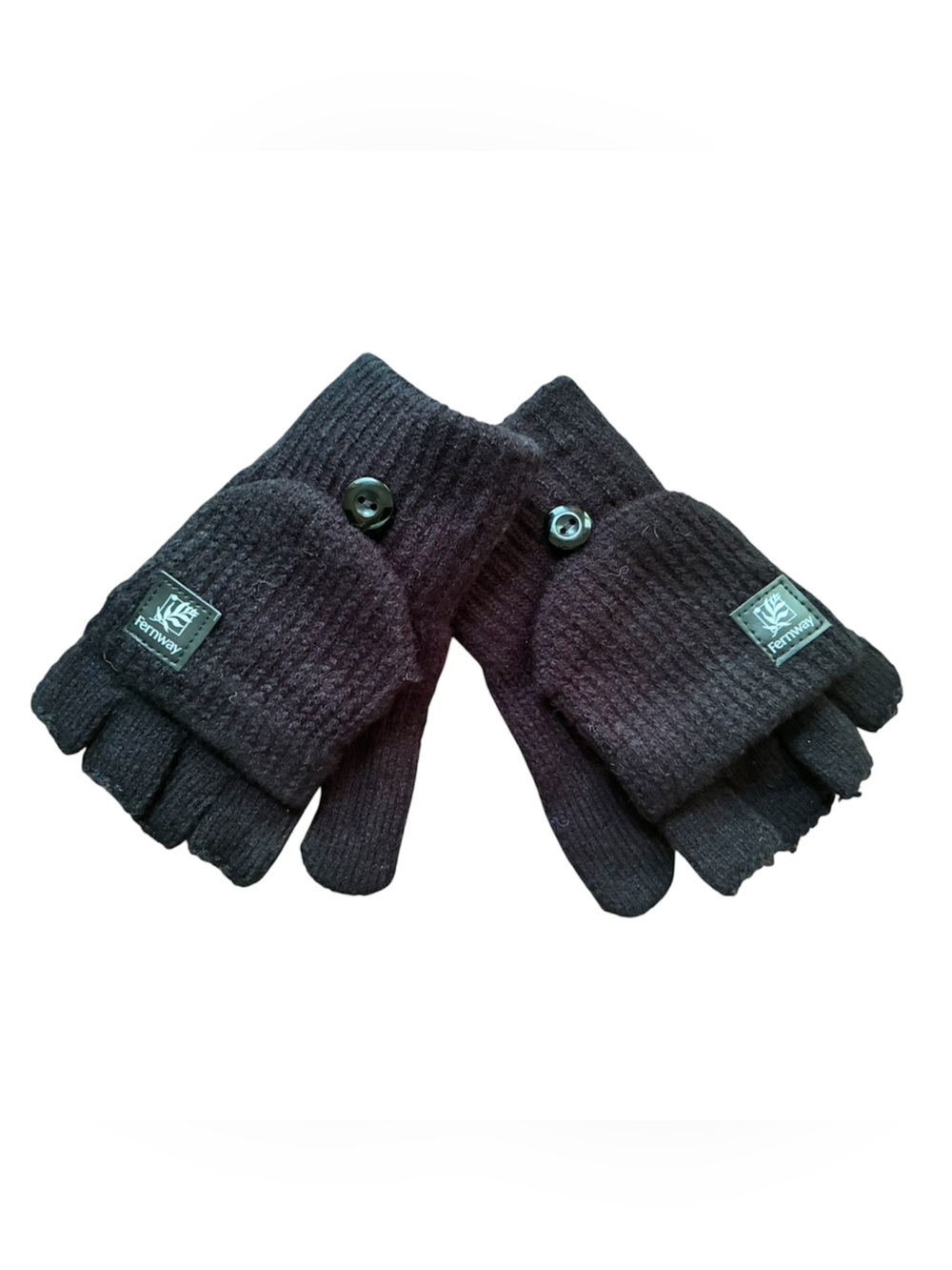 Fernway Fingerless Knit Gloves with Button-Top - Black